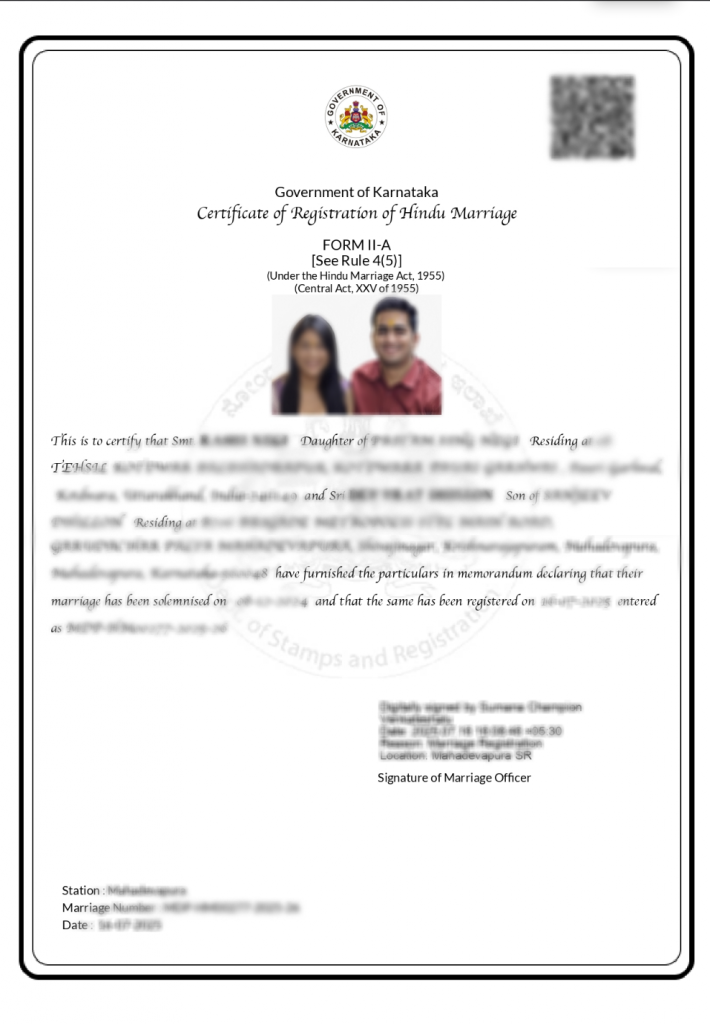 Sample Marriage Certificate Issued by Marriage Registrar, Bangalore, Karnataka