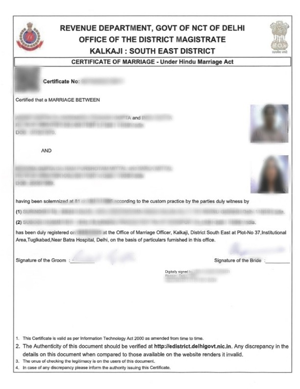 Sample Marriage Certificate Issued by Marriage Registrar, Delhi