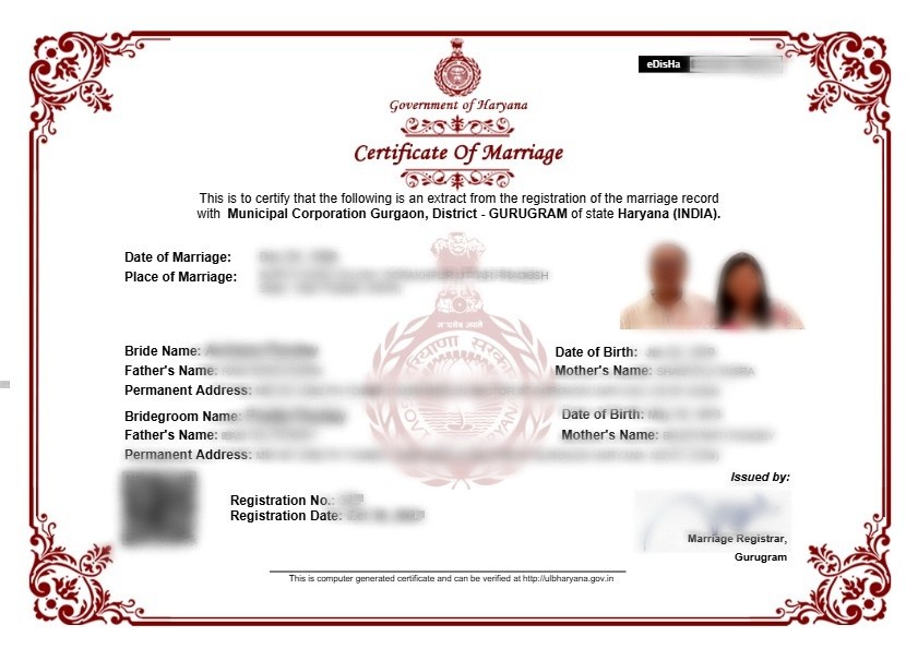 Sample Marriage Certificate Issued by Marriage Registrar, Gurgaon