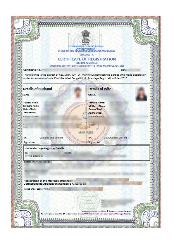 Sample Marriage Certificate Issued by Marriage Registrar, Kolkata, West Bengal
