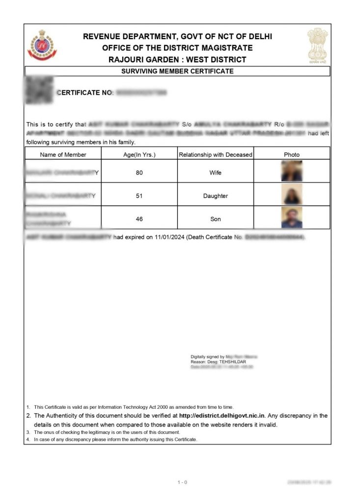 Sample of Surviving Member Certificate in Delhi, Issued by Tehsildar