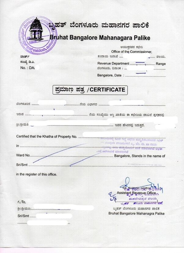 Sample of BBMP Khata Certificate