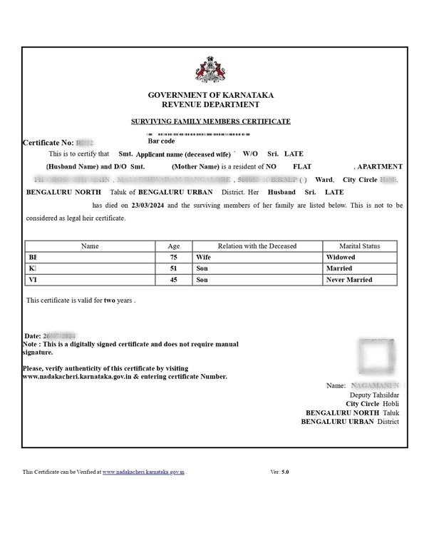 Surviving Family Member Certificate,  , Urban